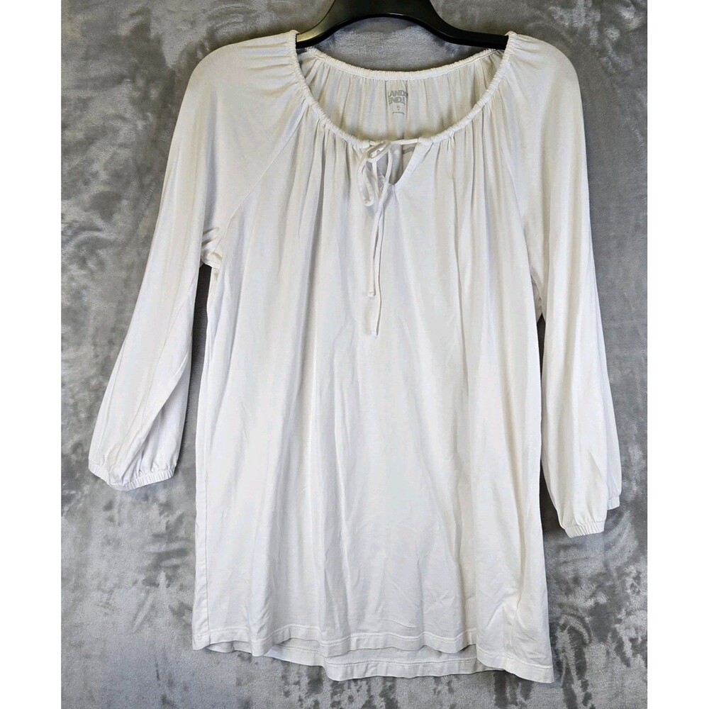 Lands End Blouse Womens XL White Gathered Drawstring Neckline Peasant Cottage